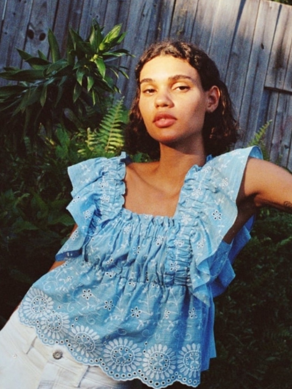 Zara Light Blue Eyelet Ruffle Smocked Tank - Women